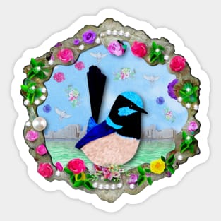 Blue Fairy Wren on Victorian Styled Image and Frame Sticker